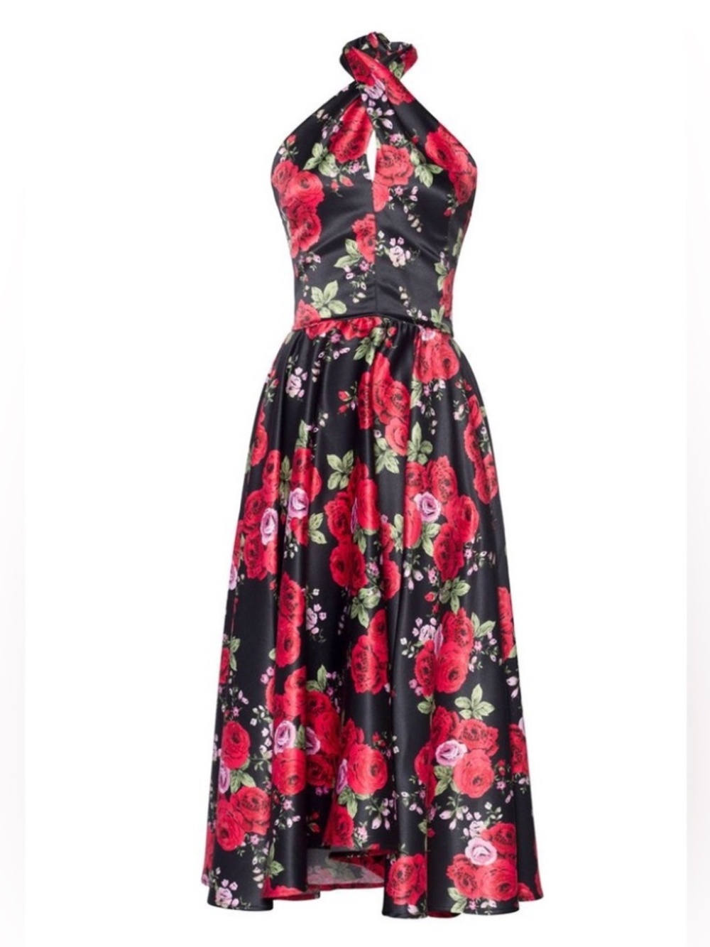 Pinup Couture Midcentury Mia Dress in Red Rose Printed Satin